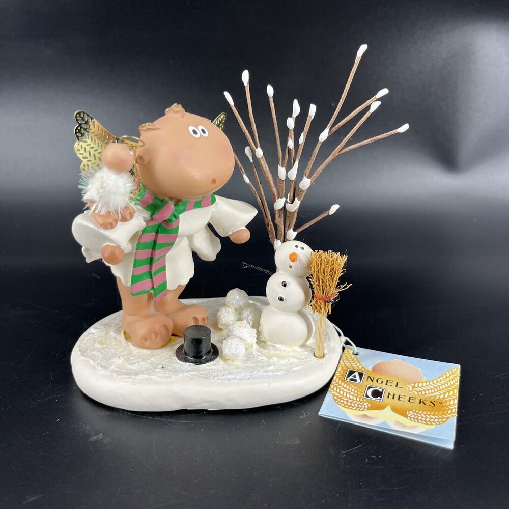 Vintage Kirk's Kritters Angel Cheeks Christmas Figurine With Snowman 2001